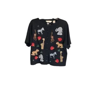 Vintage Bechamel Cardigan PL Embroidered Jungle Animal Zoo Safari Short sleeve